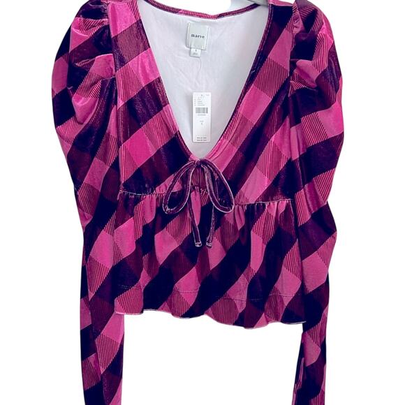 $78 NWT ANTHROPOLOGIE MAEVE velvet babydoll top pink plaid S - Picture 2 of 13